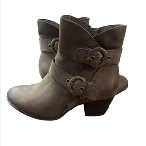 Earth Olive Stone Distressed Leather Ankle Double Buckle Boots Booties